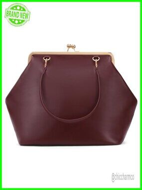 Large Kiss Lock Tote Bag PU Leather Top Handle Shoulder Purse Clutch